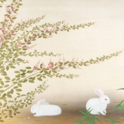 Фукуда Хэйхатиро "Кролики под цветущим кустом хаги (фрагмент)" Япония, 1931. Предоставлено: Государственный Музей Востока.