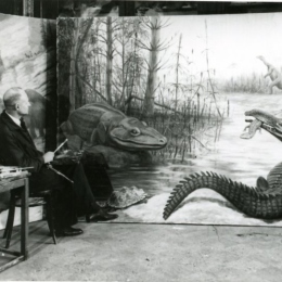 К.К. Флеров за работой над картиной  «Жизнь наземного Триаса», 1938 год. Предоставлено: Государственный Дарвиновский Музей.