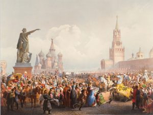 Объявление о коронации императора Александра II на Красной площади. Литографы Ж. Б. Давид и Л. Ж. Арну. 1856