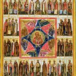Икона Богоматери «Неопалимая Купина», со святыми из Лечебника. Первая треть XIX века. Палех