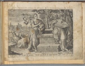 Христос и самарянка. Ханс Колларта I по рисунку Амброзиуса Франкена I. Библия Пискатора. 1643. Амстердам
