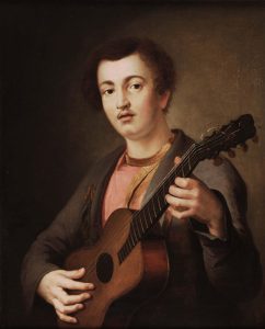 Неизвестный русский художник XIX века "Портрет гитариста в розовой рубахе"